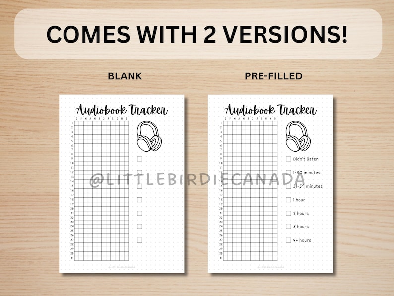 May include: Two versions of an audiobook tracker are shown. The top text reads "COMES WITH 2 VERSIONS!". The left version is blank, and the right version is pre-filled. Both have a grid for tracking and a headphone graphic.