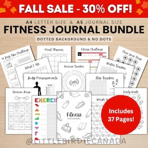 LOT DE JOURNAL FITNESS - Pages de journal imprimables - Pages d&#39;agenda numérique - Format A5 et A4 - Value Pack - 37 Pages - Points et pas de points
