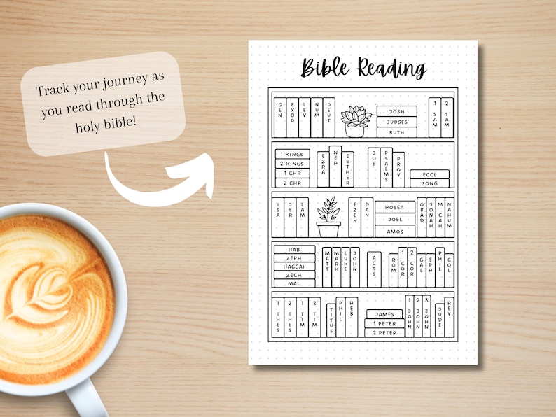 May include: A black and white printable Bible reading tracker with a bookshelf design. The tracker includes a list of books of the Bible, with spaces to check off each book as it is read.