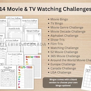 K&ouml;nnte beinhalten: Eine Sammlung druckbarer Film- und Fernseh-Watching-Challenges, darunter Bingokarten und Themenlisten. Das Bild zeigt verschiedene Challenge-Bl&auml;tter mit Titeln wie "Movie Bingo", "Alphabet Challenge" und "Around the World Movie Challenge". Der Text lautet "14 Movie & TV Watching Challenges".