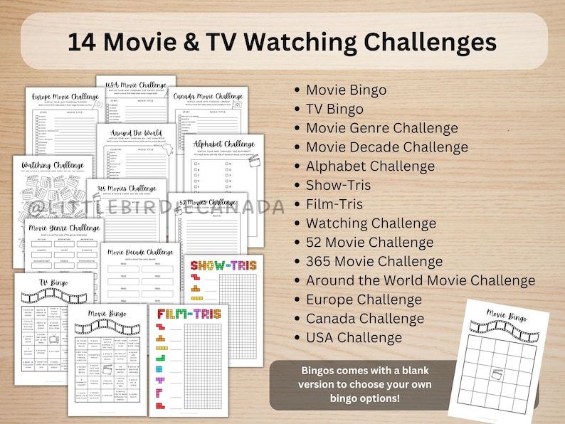 K&ouml;nnte beinhalten: Eine Sammlung druckbarer Film- und Fernseh-Watching-Challenges, darunter Bingokarten und Themenlisten. Das Bild zeigt verschiedene Challenge-Bl&auml;tter mit Titeln wie "Movie Bingo", "Alphabet Challenge" und "Around the World Movie Challenge". Der Text lautet "14 Movie & TV Watching Challenges".