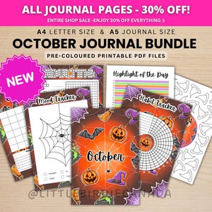 May include: A collection of printable October journal pages featuring Halloween themes including pumpkins, bats, witch hats, and spider webs. The bundle includes A4 and A5 size PDF files with trackers for moods and habits, plus a highlight of the day page.
