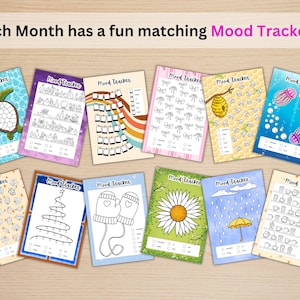 May include: A collection of illustrated mood trackers, each with a unique design. The trackers feature themes like a turtle, a Christmas tree, and a daisy, with the text "Mood Tracker" at the top. The text "Each Month has a fun matching Mood Tracker!" is also visible.