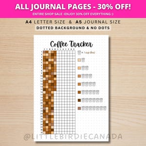 Seguimiento de café - Página de diario IMPRIMIBLE - Planificador - Seguimiento de salud - Seguimiento de cafeína - Seguimiento de cuántos cafés toma - Seguimiento de alimentos - Diario de alimentos