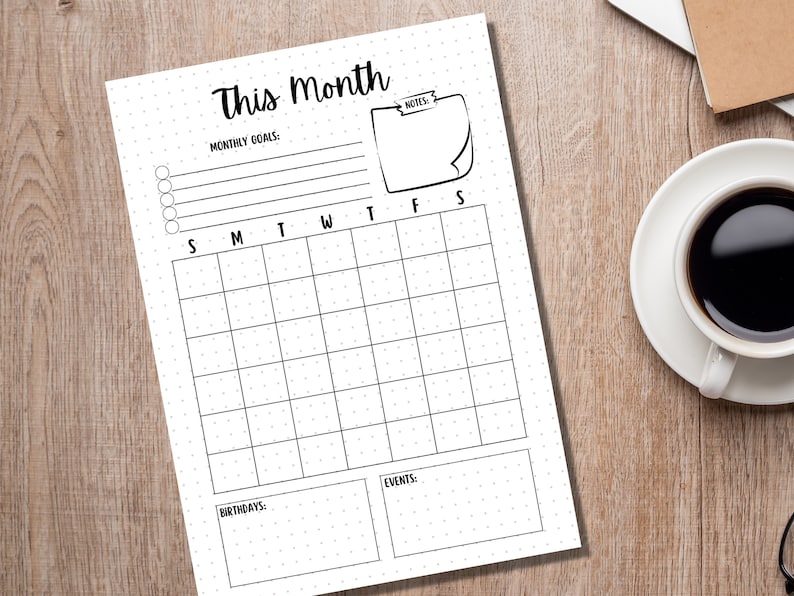 May include: A printable monthly planner with a dotted background. The planner includes sections for monthly goals, birthdays, events, and notes. The days of the week are labeled S, M, T, W, T, F, S.
