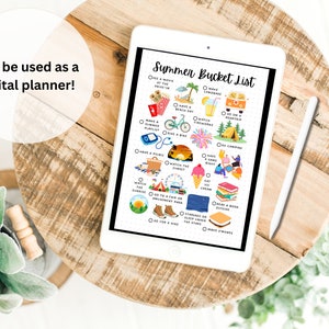 May include: A digital planner on a tablet with a summer bucket list. The list includes activities like making lemonade, having a beach day, watching fireworks, going camping, and making s'mores.