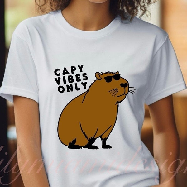 Capybara shirt capy vibes funny graphic tee unisex gift idea teen kids size 2T 3T 4T XS M L XL 2X 3X gender-neutral white shirt adult sizes