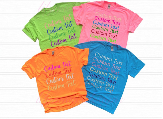Personalized text T-shirt, custom text neon shirt for kids and adults, birthday shirt boy girl orange pink blue green yellow matching shirt