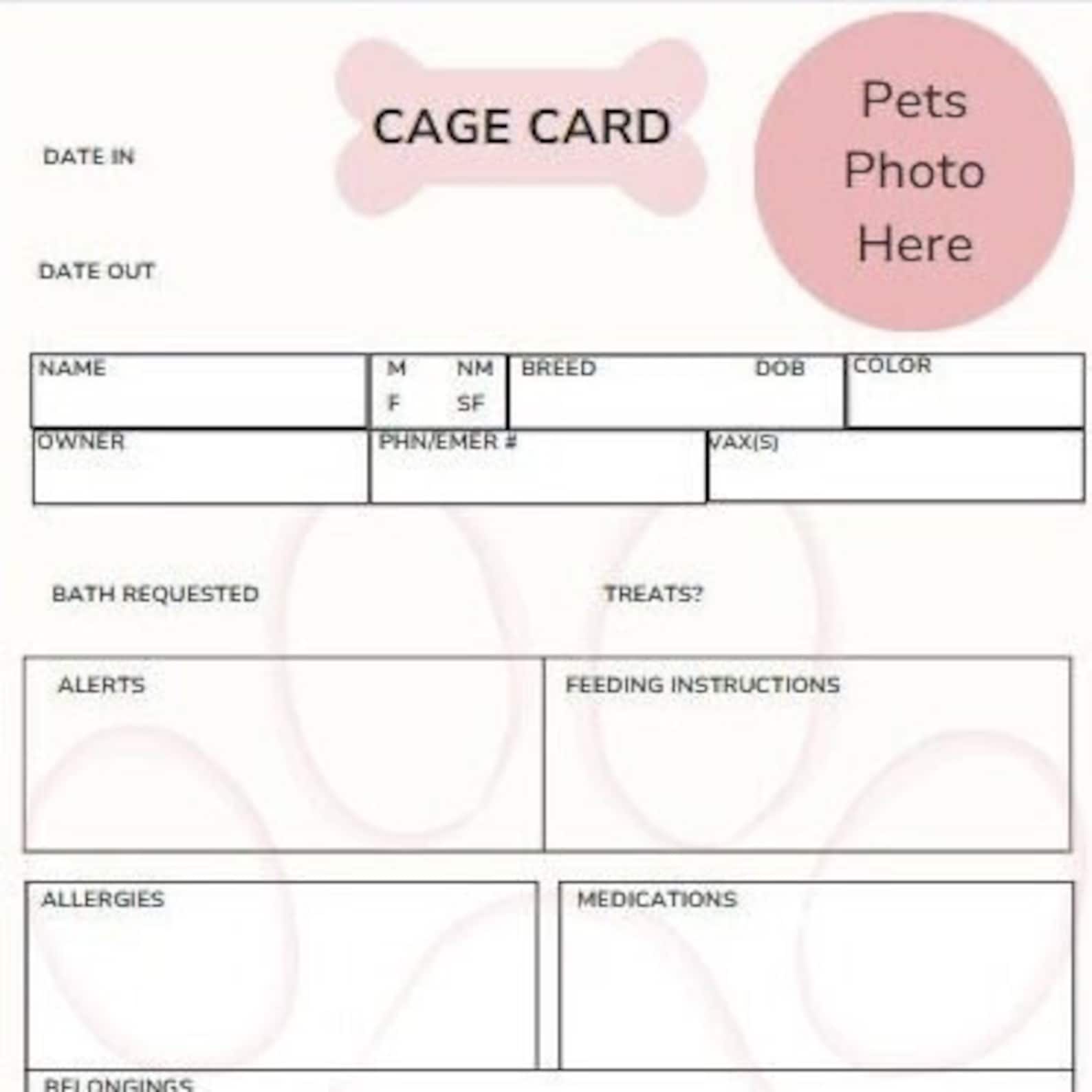 Kennel Card Cage Card Pet Care Card Kennel Card With Photo Dog