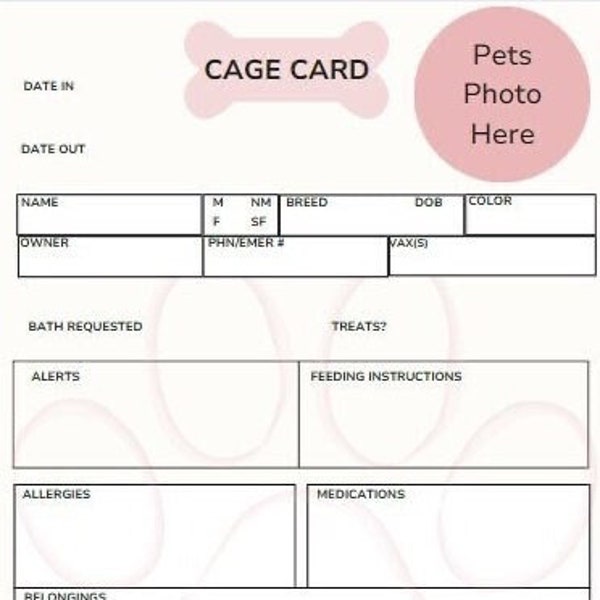 Kennel card, Cage Card, Pet Care Card, kennel card with photo, Dog boarding, kennel information card, pet shelter,digital, editable template