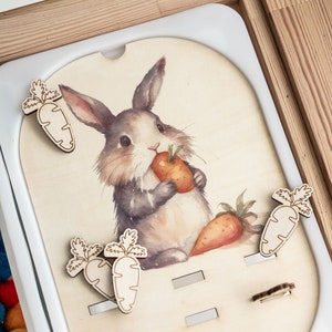 Könnte beinhalten: Ein Holzspielzeug mit einer Hasenillustration und mehreren Holzkarottenstücken. Der Hase ist grau und weiß und hält eine Karotte in seinen Pfoten. Die Karotten sind hellbraun und haben einen weißen Umriss.