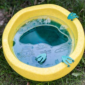 Könnte beinhalten: Eine gelbe Plastikwanne gefüllt mit blauem Wasser und grünen Froschfiguren. Die Wanne steht auf einem Bett aus grünem Gras.