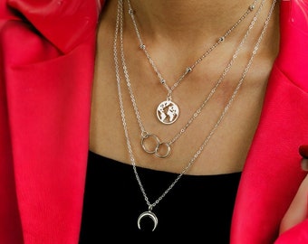 Multi Layered Crescent Moon Pendant Necklace, Silver Charm Necklace, Gold Charm Necklace