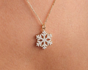 14K Gold Snowflake Necklace, Snowflake Diamond Necklaces, Solid Gold Snowflake Necklace, Dainty Necklace, Gift for Her, Snowflake Necklace