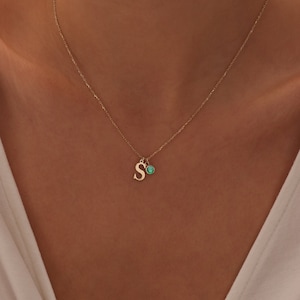 14K Solid Gold Personalized Initial Necklace, Mother's Day Gift, Special Letter Necklaces, Initial Necklace With Birthstone for Mother