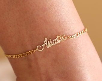 18k Gold Name Stone Anklet, Personalized Diamond Name Anklet, Anklet With Chain, Dainty Gold Name Anklet, Letter Anklet, Mother's Day Gift
