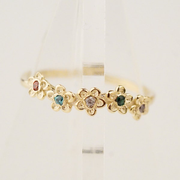 Solid Gold Birthstone Ring/ Vintage Daisy Gold Ring/ 14K Gold Birthstone Ring/ Mom For Ring/ Minimalist Gold Ring/ Mother's Day Gift