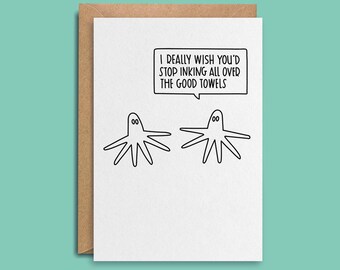 Funny Squid Animal Card | Him Her Girlfriend Boyfriend Wife Husband Joke Birthday Animals Zoo Squid Octopus Inking Teenager