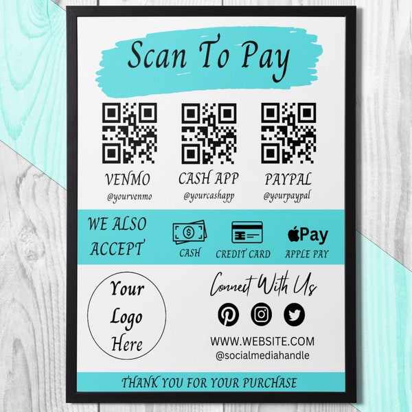 Scan to Pay Sign: Editable QR Code for CashApp, Venmo, PayPal - Instant Download Printable Payment Template, Canva Editable QR Sign Template