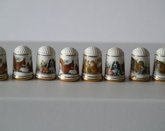 Vintage 2 Sets Of Franklin Mint 1980 Porcelain Thimble Animal Dog Cat Duck Squirrel