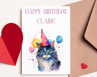 Personalized Cat Birthday Card: Watercolor Style, Custom Age