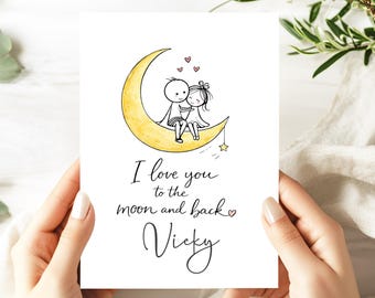 Personalized Moon and Back Card | I Love You Card | Custom Name Romantic Card | Cute Couple Card | Boyfriend Girlfriend Card