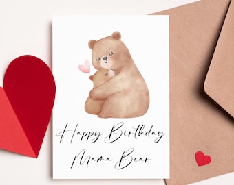 Biglietto di auguri per il compleanno di Mamma Orsa: illustrazione ad acquerello, regalo per la mamma