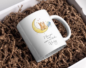 Personalised Moon and Back Mug | I Love You Mug | Custom Name Bunny Mug | Romantic Gift Mug | Anniversary Mug