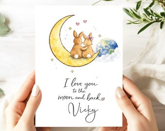 Personalized Moon and Back Card | I Love You Card | Custom Name Bunny Card | Romantic Card | Anniversary Card | Valentine Card