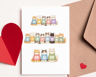 Happy Birthday Mum Cat Card | Cute Cat Birthday Card | Cats In Jumpers Card | Birthday Card For Mum From Kids