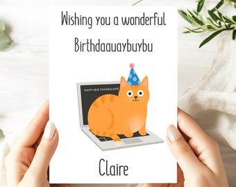 Divertente biglietto di auguri di compleanno a forma di gatto, simpatico biglietto di auguri per gatti con computer portatile, divertente biglietto di auguri di compleanno per amanti dei gatti, biglietto di auguri personalizzato a forma di gatto