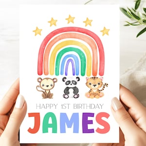 Personalised 1st Birthday Card for Boy or Girl – Cute Rainbow- Animal Design – Custom Name Keepsake - greeting card - card - gift - greeting