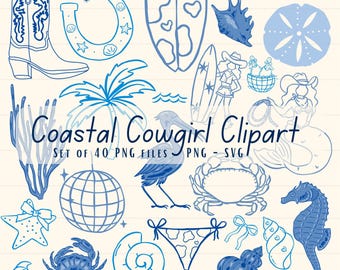 Pacchetto di clipart di cowgirl costiere (40 file PNG/SVG) - Grafica di cowgirl da spiaggia, clipart nautiche western, disegni di rodeo estivo sull'oceano.