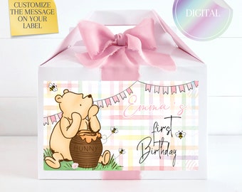 Custom gable box labels or digital files for pooh pink , Classic bear pink Favor Box, BEAR Classic Party Favor box, Pooh Party Favors box.