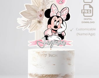 Personalized Pink Minnie Mouse Cake Topper: Birthday Party Decoration (Digital File PDF|PNG)