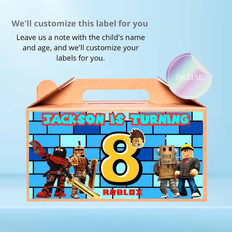 May include: A brown cardboard box with a handle, decorated with a blue and white brick pattern. The box has a label that says "JACKSON IS TURNING 8" with a yellow number 8 and the word "ROBLOX". The label also features images of Roblox characters, including a red and black ninja, a knight in armor, a robot, and a builder.