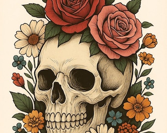 Skull and Floral Art Print: Gothic Botanical Wall Decor (PNG+JPG Digital Download