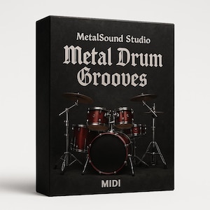 Puede incluir: Una caja negra con el texto "MetalSound Studio" y "Metal Drum Grooves" en fuente gótica. La imagen presenta una batería con tambores burdeos y platillos. La palabra "MIDI" está en la parte inferior.