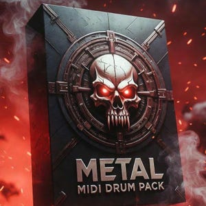 Puede incluir: Una caja negra con un diseño de calavera metálica y el texto "METAL MIDI DRUM PACK". La calavera tiene ojos rojos brillantes y está rodeada por un marco circular de estilo industrial. El fondo es rojo fuego.
