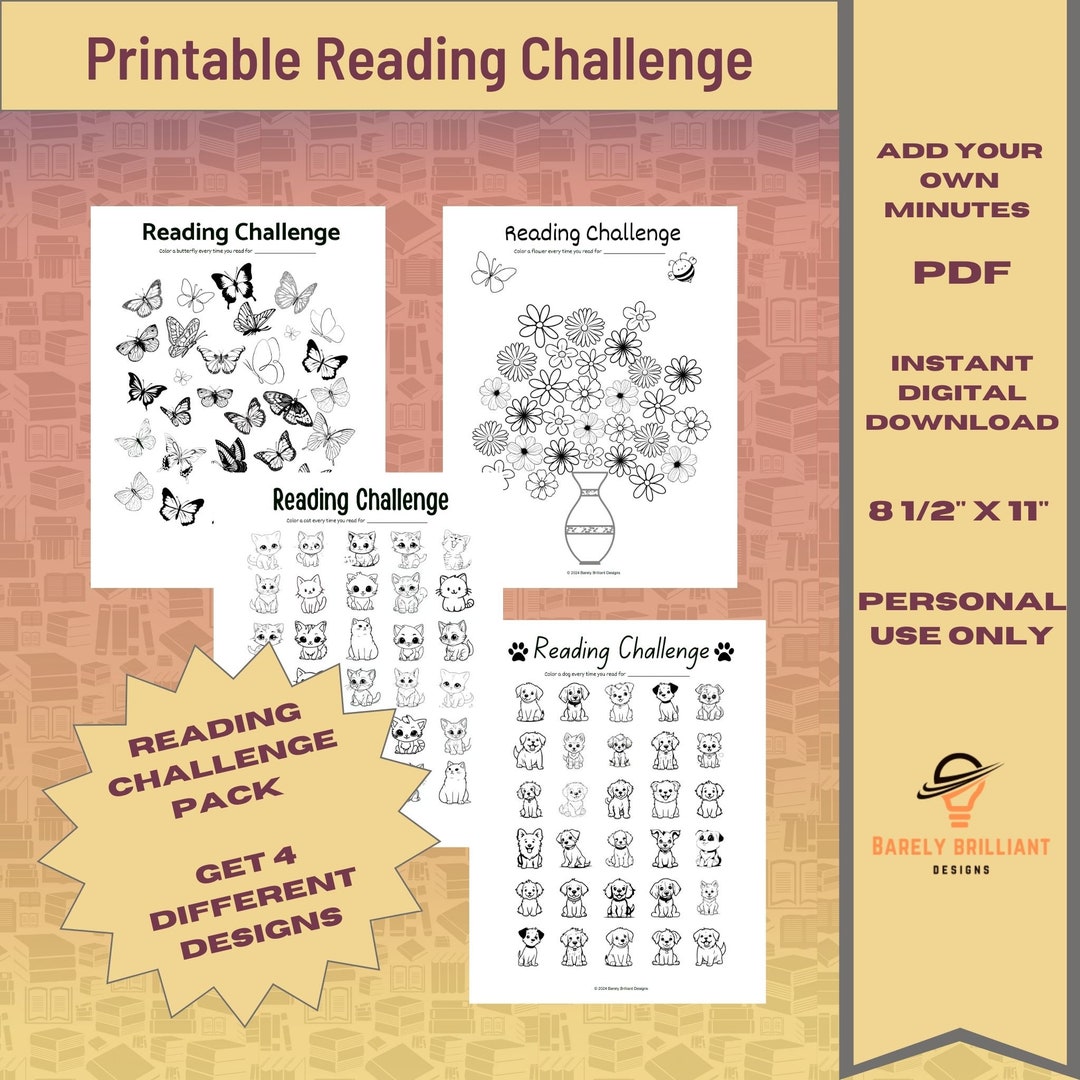 Reading Challenge Bundle of 4 Designs | Cat Dog Butterfly Flower | Pdf ...