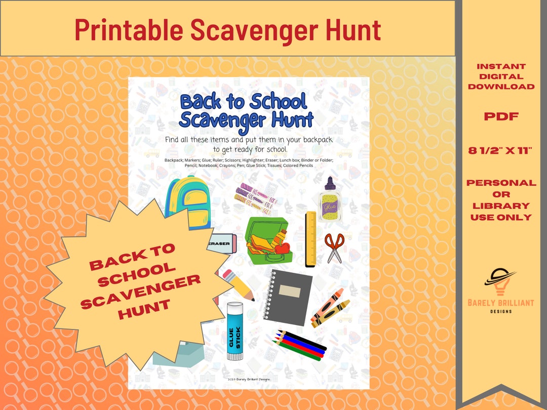 Back to School Scavenger Hunt for Kids | Printable Pdf | 8.5 X 11 ...