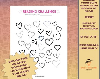 Registro de lectura de verano con temática de corazones para niños, imprimible, tabla de retos de lectura, descarga digital, 30 corazones para colorear