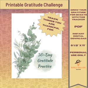 Puede incluir: Plantilla imprimible de seguimiento de gratitud de 30 días con una ilustración de eucalipto en acuarela. Cultiva tu gratitud durante 30 días con este rastreador. PDF descarga digital instantánea. 21,6 cm x 27,9 cm. Solo para uso personal. Barely Brilliant Designs.
