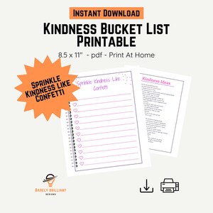 Könnte beinhalten: Ein druckbares "Kindness Bucket List" mit dem Text "Sofort-Download" und "Sprinkle Kindness Like Confetti". Das Design umfasst eine Liste mit herzförmigen Kontrollkästchen und eine Seite mit Ideen für Freundlichkeit. Das Dokument ist 21,6 x 27,9 cm groß.