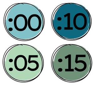 May include: Four circular designs with black text indicating time increments. Each circle has a different color background: light blue, teal, and green. The text is in a bold, sans-serif font, with a black outline.