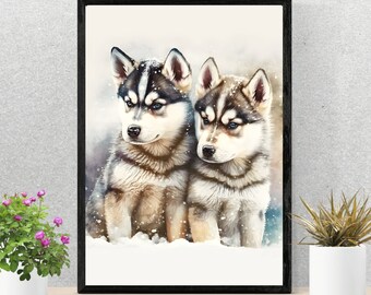 May include: Two adorable husky puppies with blue eyes are sitting in the snow. They are both looking to the left of the image. The background is a soft watercolor wash of blue and white.