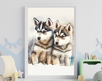 May include: Two adorable husky puppies with blue eyes are sitting in the snow. They are both looking to the left of the image. The background is a watercolor wash of blue and white.