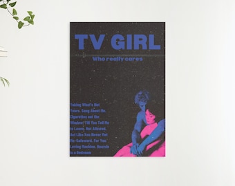 Pôster digital Who Really Cares / arte de parede para impressão da TV Girl / pôster de música indie / pôster vintage da TV Girl / pôster preto minimalista da TV Girl