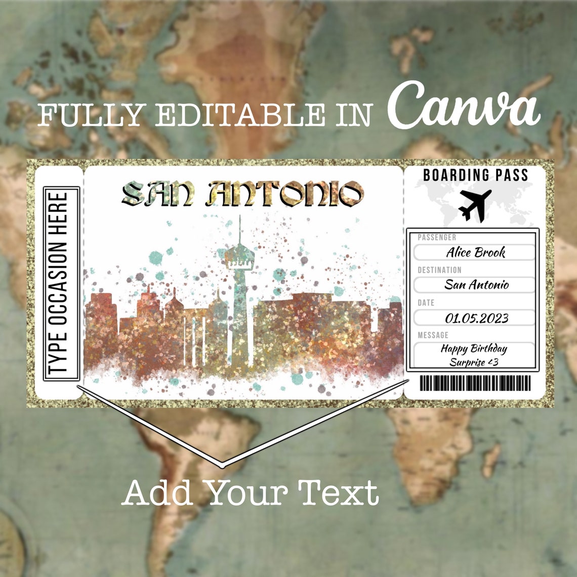 San Antonio Boarding Pass Surprise Editable Flight Ticket Etsy