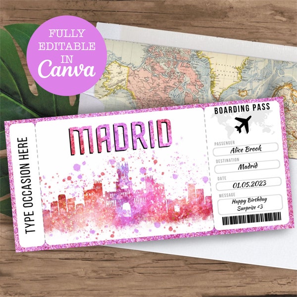 Madrid Spain Boarding Pass Surprise Editable Flight Ticket Gift, Madrid Flight Ticket Printable, Flight Ticket Template, Surprise Travel